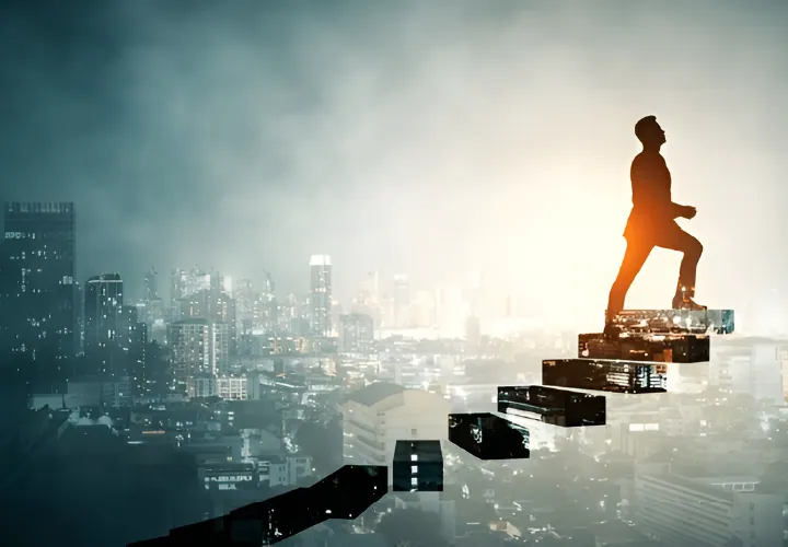 Person climbing steps toward a city skyline, representing career growth at Ankit Silicate