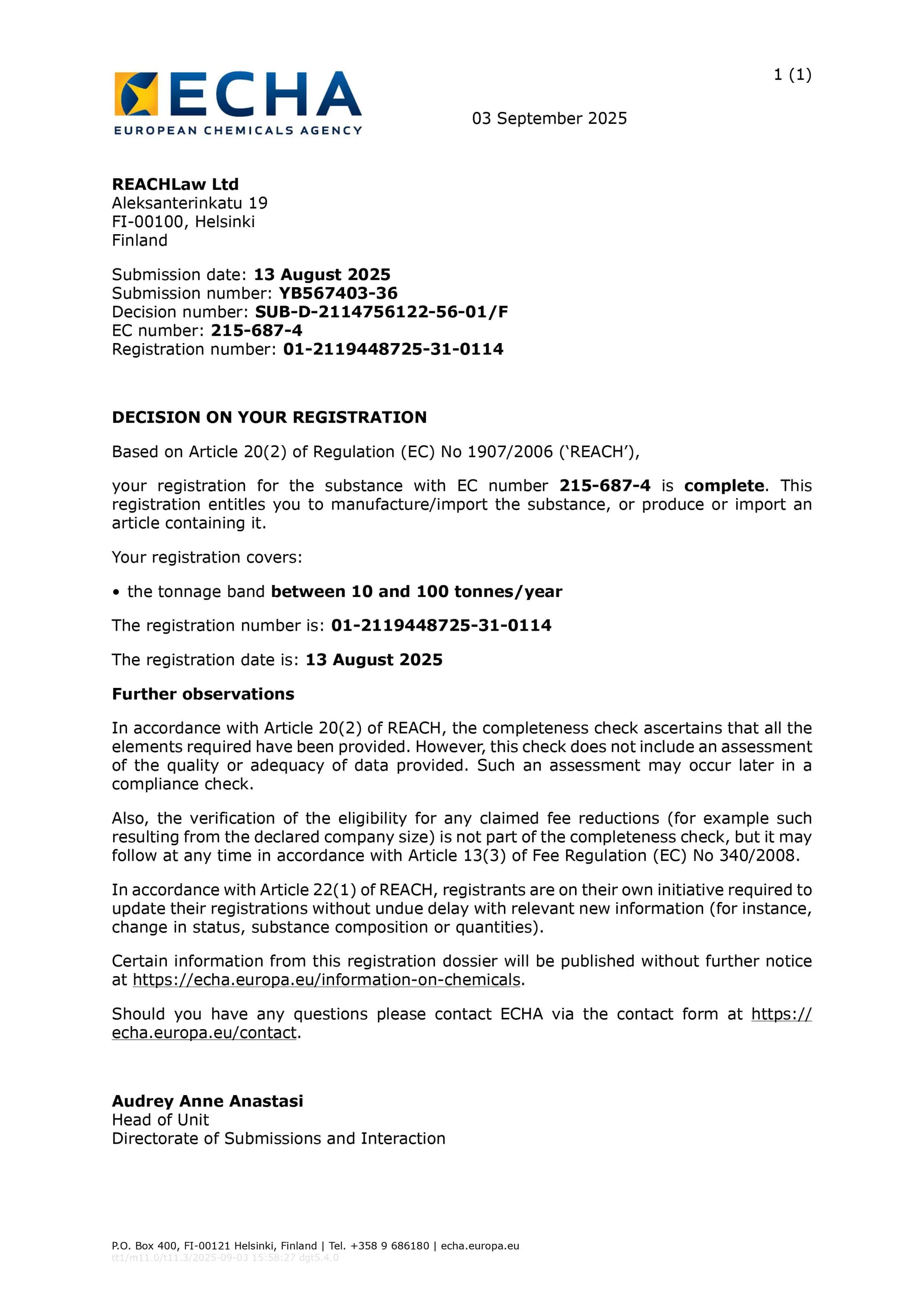 ECHA REACH registration certificate for Ankit Silicate