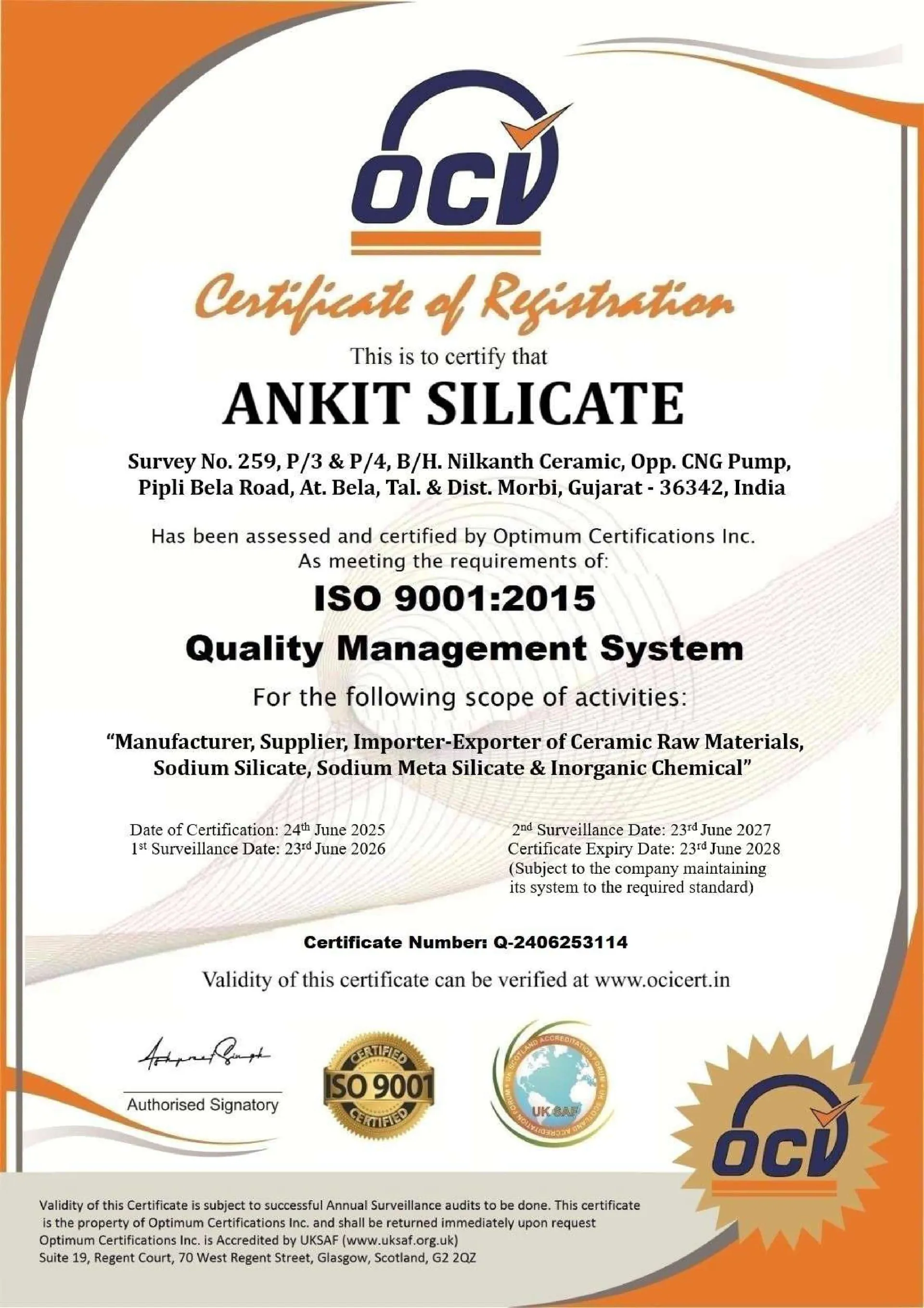 ISO 9001:2015 quality management system certificate issued to Ankit Silicate
