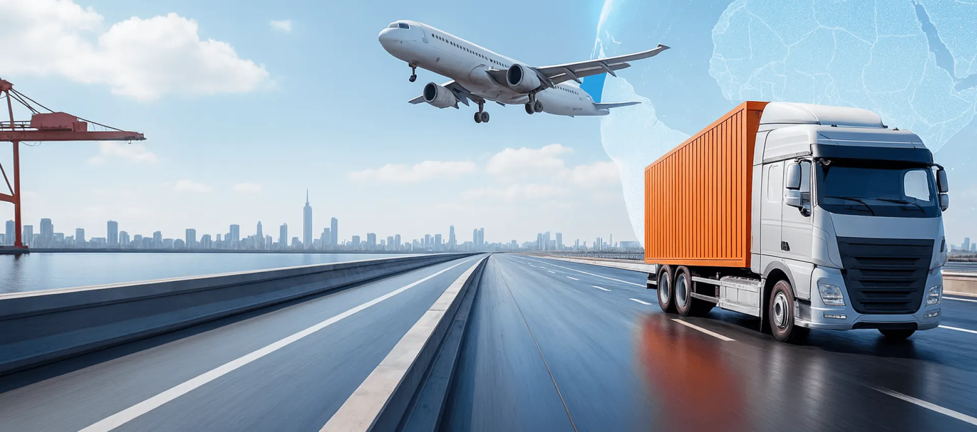 Cargo truck, plane and port cranes representing Ankit Silicate's reliable sodium silicate supply chain