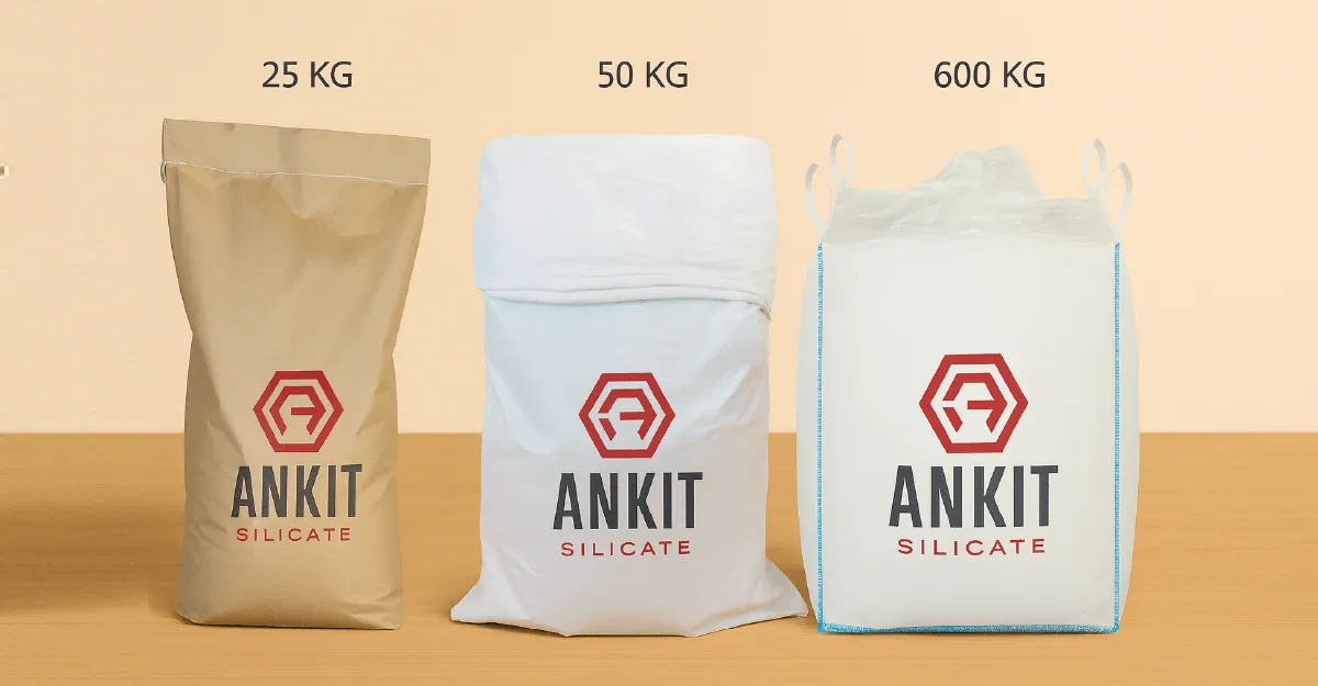 Potassium silicate powder packed in 25 kg, 50 kg and 600 kg bags